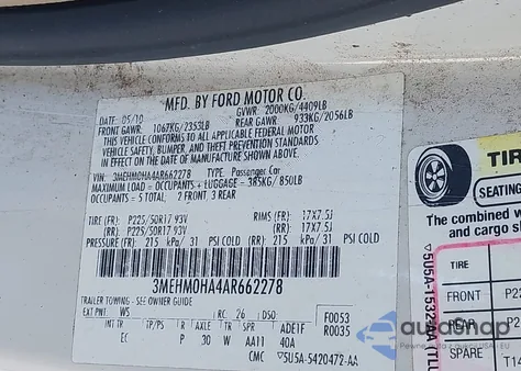 2010 Mercury Milan z USA, uszkodzony, nr VIN 3MEHMOHA4AR662278